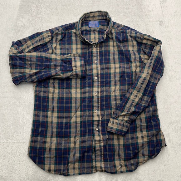 Vintage Pendleton Plaid Flannel Shirt Mens XL Blue Green 100% Wool Made USA - Picture 2 of 12